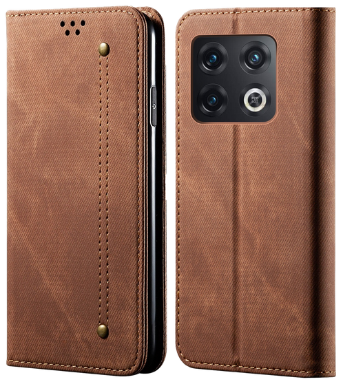 Cubix Denim Flip Cover for OnePlus 10 Pro 5G Case Premium Luxury Slim Wallet Folio Case Magnetic Closure Flip Cover with Stand and Credit Card Slot (Brown)