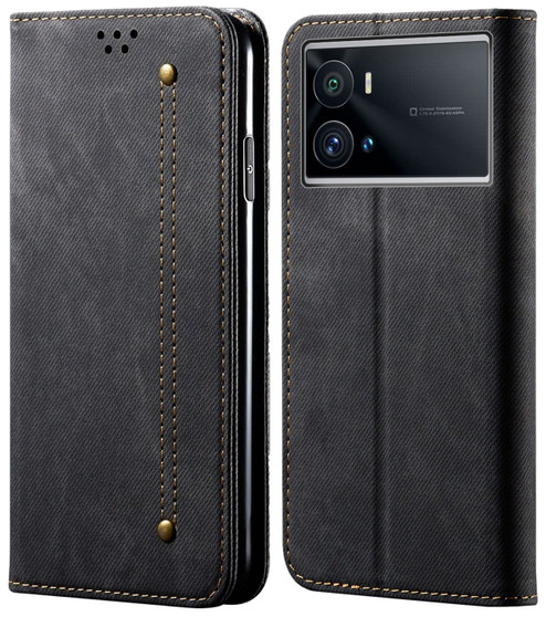 Cubix Denim Flip Cover for IQOO 9 PRO 5G Case Premium Luxury Slim Wallet Folio Case Magnetic Closure Flip Cover with Stand and Credit Card Slot (Black)