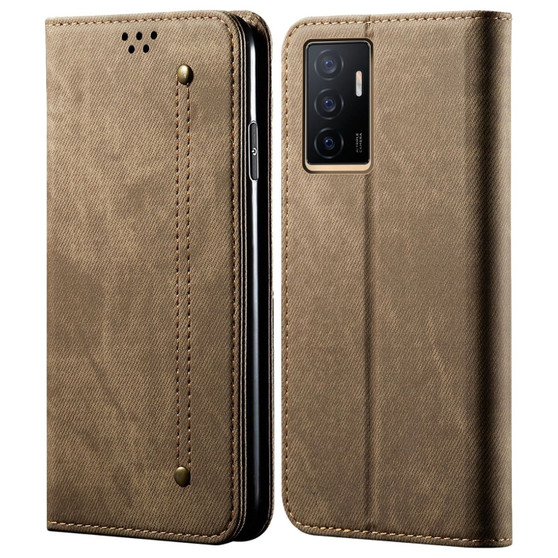 Cubix Denim Flip Cover for vivo V23e 5G Case Premium Luxury Slim Wallet Folio Case Magnetic Closure Flip Cover with Stand and Credit Card Slot (Khaki)