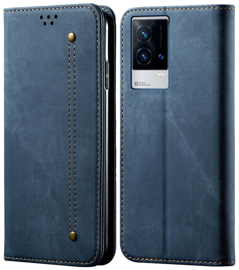 Cubix Denim Flip Cover for IQOO 9 5G Case Premium Luxury Slim Wallet Folio Case Magnetic Closure Flip Cover with Stand and Credit Card Slot (Blue)