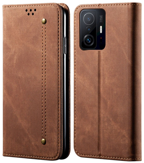 Cubix Denim Flip Cover for Xiaomi 11T Pro 5G Case Premium Luxury Slim Wallet Folio Case Magnetic Closure Flip Cover with Stand and Credit Card Slot (Brown)