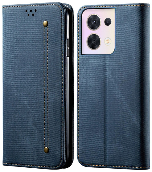 Cubix Denim Flip Cover for Oppo Reno 8 Case Premium Luxury Slim Wallet Folio Case Magnetic Closure Flip Cover with Stand and Credit Card Slot (Blue)