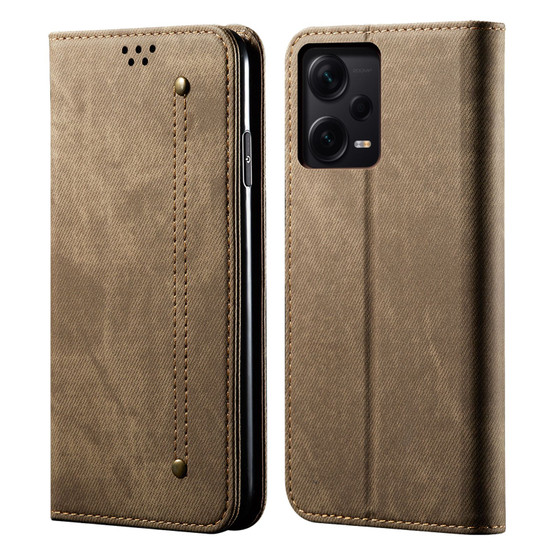 Cubix Denim Flip Cover for Redmi Note 12 Pro Plus / Pro+ Case Premium Luxury Slim Wallet Folio Case Magnetic Closure Flip Cover with Stand and Credit Card Slot (Khaki)