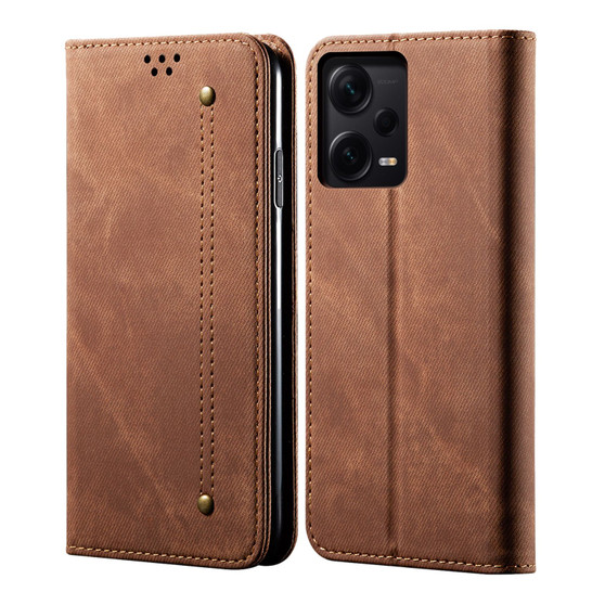 Cubix Denim Flip Cover for Redmi Note 12 Pro Plus / Pro+ Case Premium Luxury Slim Wallet Folio Case Magnetic Closure Flip Cover with Stand and Credit Card Slot (Brown)