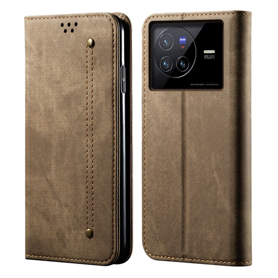 Cubix Denim Flip Cover for vivo X80 Case Premium Luxury Slim Wallet Folio Case Magnetic Closure Flip Cover with Stand and Credit Card Slot (Khaki)