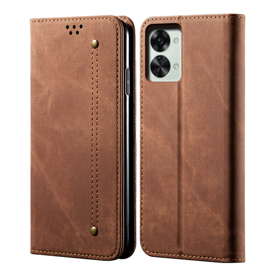 Cubix Denim Flip Cover for OnePlus Nord 2T Case Premium Luxury Slim Wallet Folio Case Magnetic Closure Flip Cover with Stand and Credit Card Slot (Brown)