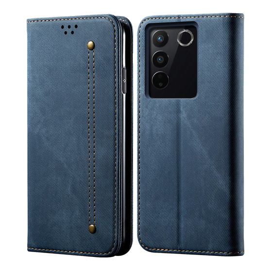 Cubix Denim Flip Cover for Vivo V27 Case Premium Luxury Slim Wallet Folio Case Magnetic Closure Flip Cover with Stand and Credit Card Slot (Blue)