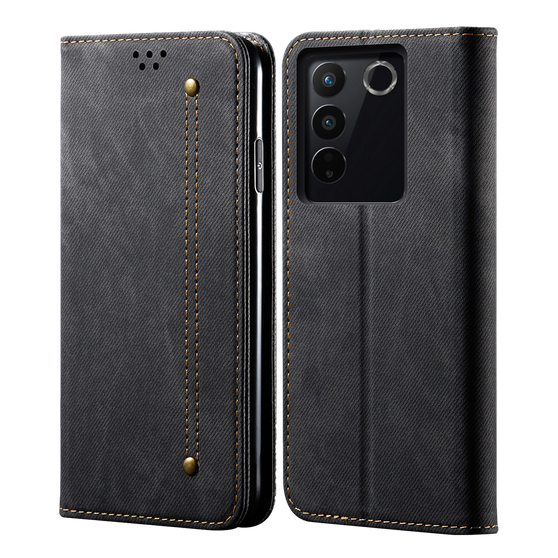 Cubix Denim Flip Cover for Vivo V27 Case Premium Luxury Slim Wallet Folio Case Magnetic Closure Flip Cover with Stand and Credit Card Slot (Black)