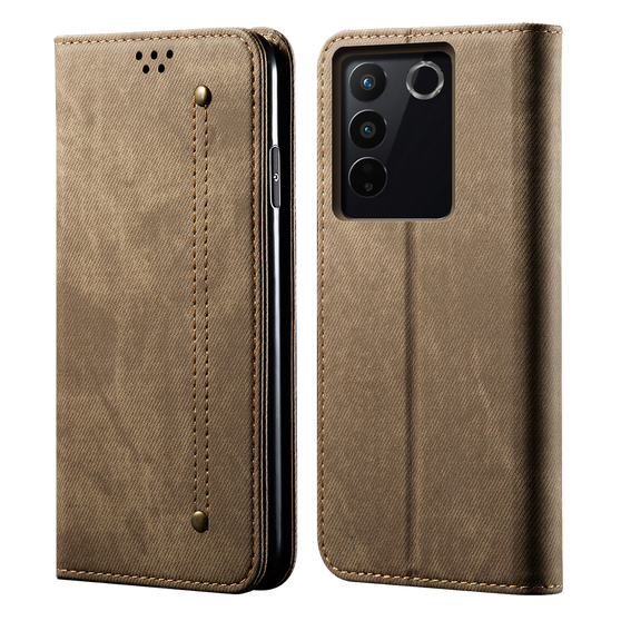 Cubix Denim Flip Cover for Vivo V27 Pro / Vivo V27 Case Premium Luxury Slim Wallet Folio Case Magnetic Closure Flip Cover with Stand and Credit Card Slot (Khaki)