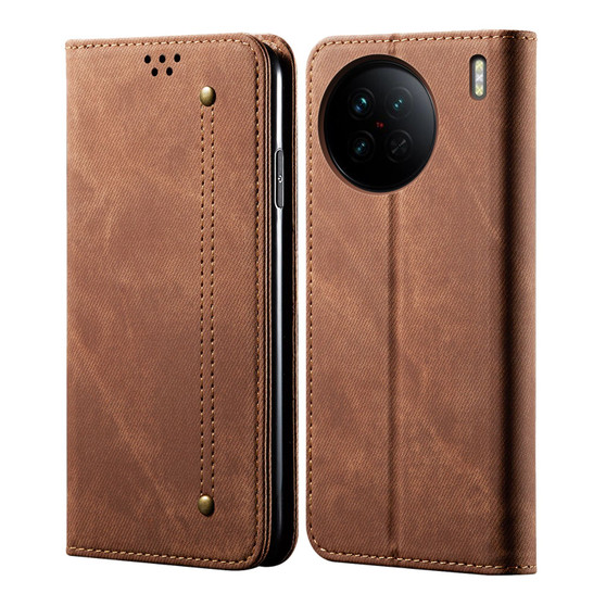 Cubix Denim Flip Cover for vivo X90 Pro Case Premium Luxury Slim Wallet Folio Case Magnetic Closure Flip Cover with Stand and Credit Card Slot (Brown)