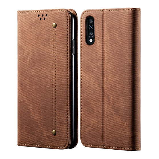 Cubix Denim Flip Cover for Samsung Galaxy A70s / Galaxy A70 Case Premium Luxury Slim Wallet Folio Case Magnetic Closure Flip Cover with Stand and Credit Card Slot (Brown)