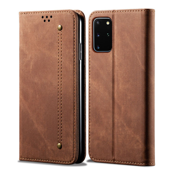 Cubix Denim Flip Cover for Samsung Galaxy S20 Plus Case Premium Luxury Slim Wallet Folio Case Magnetic Closure Flip Cover with Stand and Credit Card Slot (Brown)