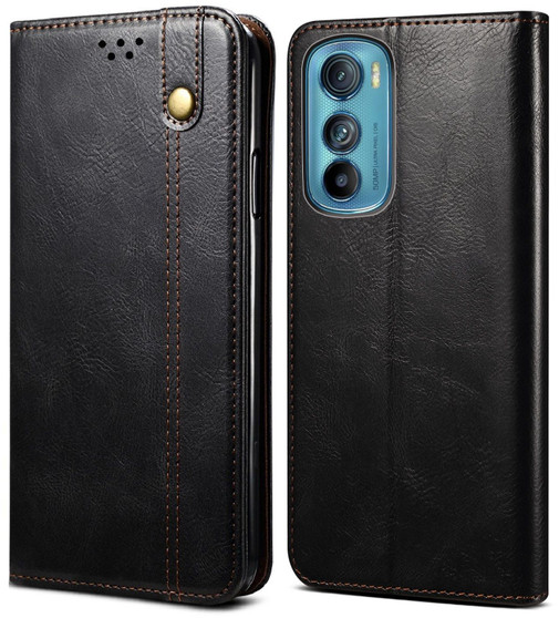 Cubix Flip Cover for Motorola Edge 30  Handmade Leather Wallet Case with Kickstand Card Slots Magnetic Closure for Motorola Edge 30 (Black)