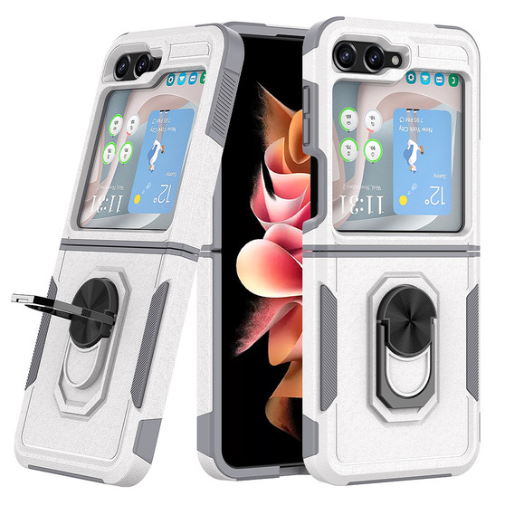 Cubix Mystery Case for Samsung Galaxy Z Flip 5 Military Grade Shockproof with Metal Ring Kickstand for Samsung Galaxy Z Flip 5 Phone Case - White