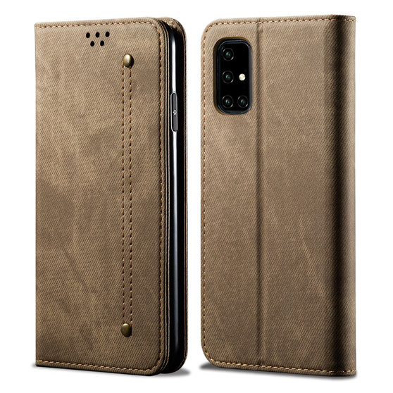 Cubix Denim Flip Cover for Samsung Galaxy A51 Case Premium Luxury Slim Wallet Folio Case Magnetic Closure Flip Cover with Stand and Credit Card Slot (Khaki)