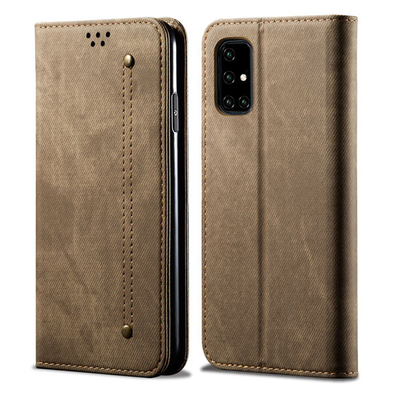 Cubix Denim Flip Cover for Samsung Galaxy A71 Case Premium Luxury Slim Wallet Folio Case Magnetic Closure Flip Cover with Stand and Credit Card Slot (Khaki)