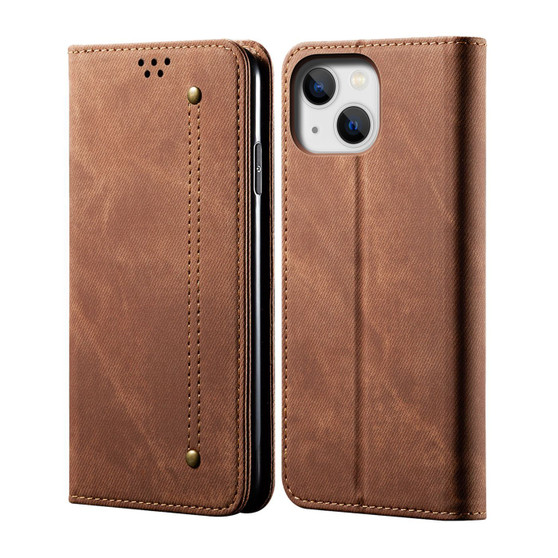 Cubix Denim Flip Cover for Apple iPhone 15 Case Premium Luxury Slim Wallet Folio Case Magnetic Closure Flip Cover with Stand and Credit Card Slot (Brown)