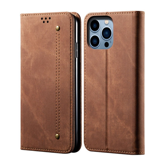 Cubix Denim Flip Cover for Apple iPhone 15 Pro Max Case Premium Luxury Slim Wallet Folio Case Magnetic Closure Flip Cover with Stand and Credit Card Slot (Brown)