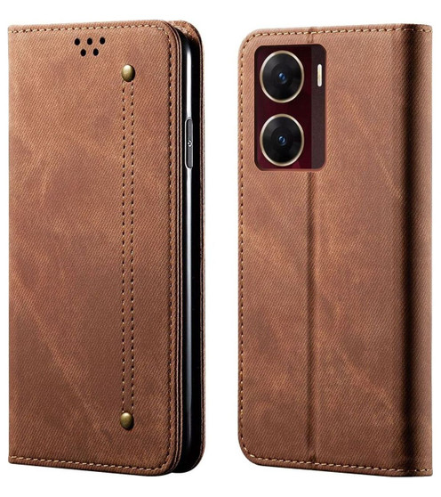 Cubix Denim Flip Cover for vivo V29e Case Premium Luxury Slim Wallet Folio Case Magnetic Closure Flip Cover with Stand and Credit Card Slot (Brown)