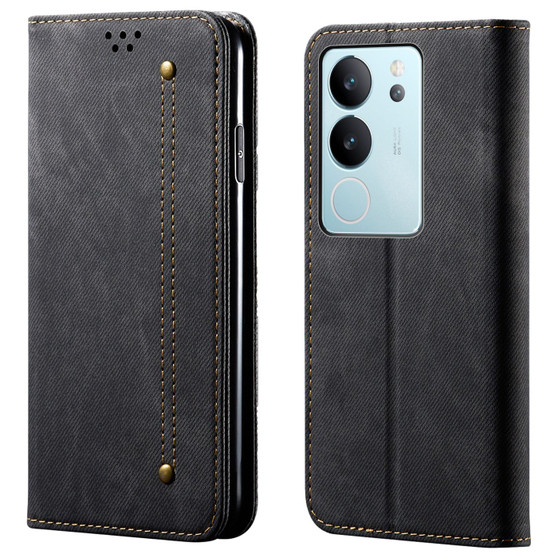 Cubix Denim Flip Cover for vivo V29 Pro Case Premium Luxury Slim Wallet Folio Case Magnetic Closure Flip Cover with Stand and Credit Card Slot (Black)