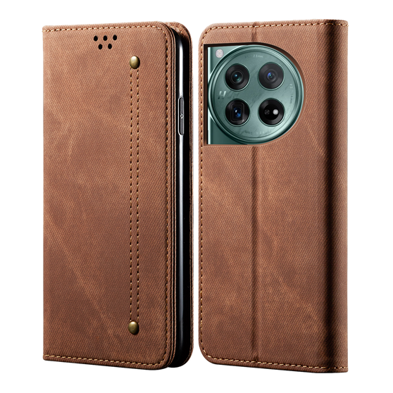 Cubix Denim Flip Cover for OnePlus 12 Case Premium Luxury Slim Wallet Folio Case Magnetic Closure Flip Cover with Stand and Credit Card Slot (Brown)
