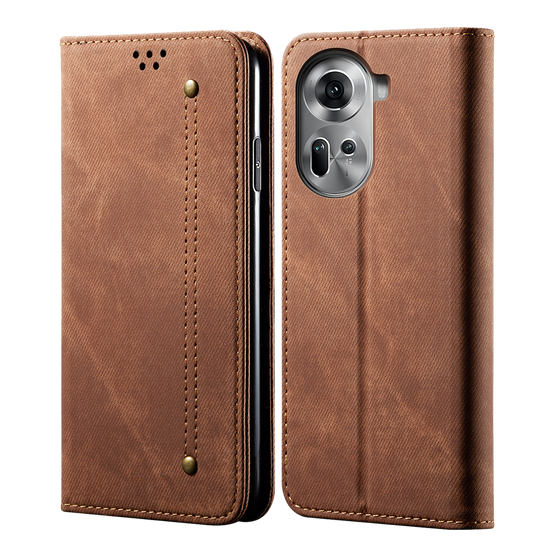 Cubix Denim Flip Cover for Oppo Reno 11 / Reno11 Case Premium Luxury Slim Wallet Folio Case Magnetic Closure Flip Cover with Stand and Credit Card Slot (Brown)