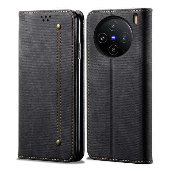 Cubix Denim Flip Cover for Vivo X100 Case Premium Luxury Slim Wallet Folio Case Magnetic Closure Flip Cover with Stand and Credit Card Slot (Black)