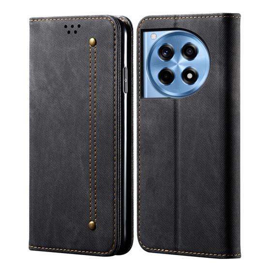 Cubix Denim Flip Cover for OnePlus 12R Case Premium Luxury Slim Wallet Folio Case Magnetic Closure Flip Cover with Stand and Credit Card Slot (Black)