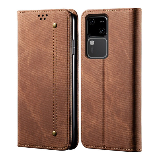 Cubix Denim Flip Cover for Vivo V30 Case Premium Luxury Slim Wallet Folio Case Magnetic Closure Flip Cover with Stand and Credit Card Slot (Brown)