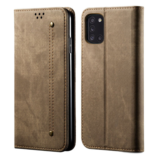 Cubix Denim Flip Cover for Samsung Galaxy A31 Case Premium Luxury Slim Wallet Folio Case Magnetic Closure Flip Cover with Stand and Credit Card Slot (Khaki)