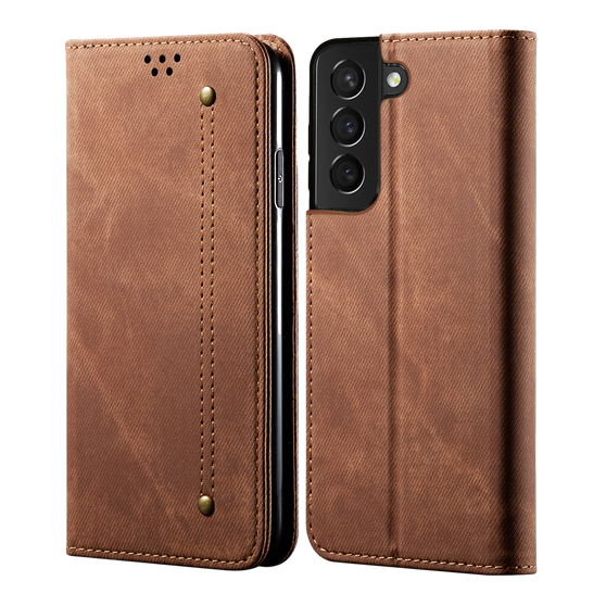 Cubix Denim Flip Cover for Samsung Galaxy S21 Plus Case Premium Luxury Slim Wallet Folio Case Magnetic Closure Flip Cover with Stand and Credit Card Slot (Brown)