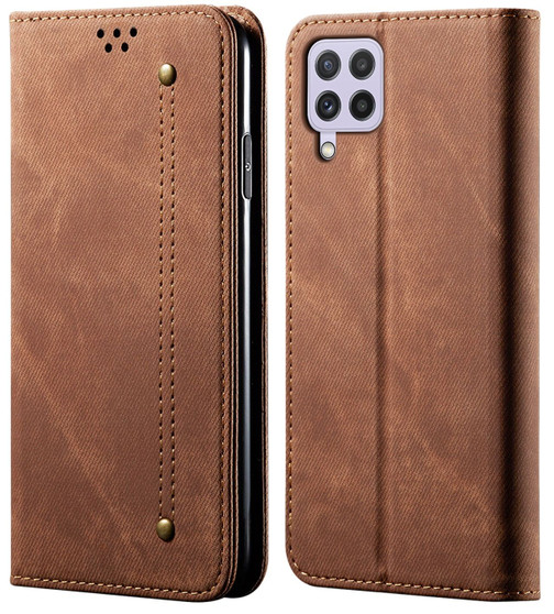 Cubix Denim Flip Cover for Samsung Galaxy A22 (4G) Case Premium Luxury Slim Wallet Folio Case Magnetic Closure Flip Cover with Stand and Credit Card Slot (Brown)
