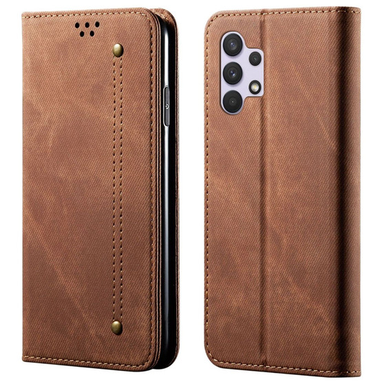 Cubix Denim Flip Cover for Samsung Galaxy A32 Case Premium Luxury Slim Wallet Folio Case Magnetic Closure Flip Cover with Stand and Credit Card Slot (Brown)