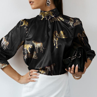 Satin Tiger Print Stand Collar Blouse
