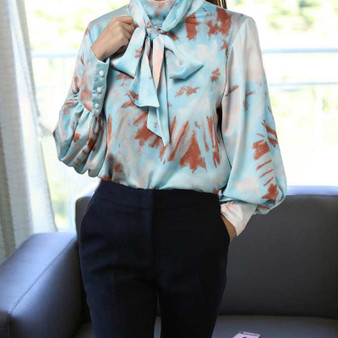 Satin High Neck Tie-dye Printed Blouse