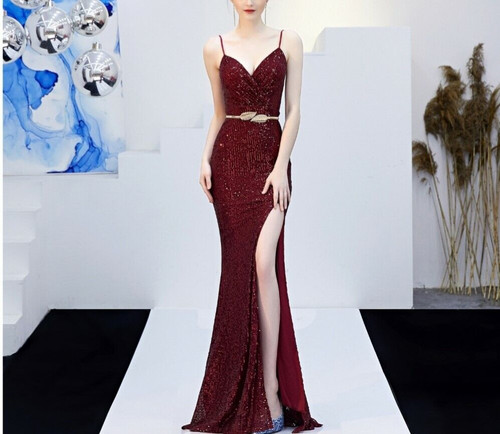 Claret V-Neck Sleeveless Mermaid Dress