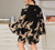 Plus Size Black Crane Print Flounce Sleeve Dress