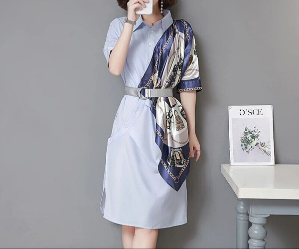 Print Scarf Patchwork Shirt Dress