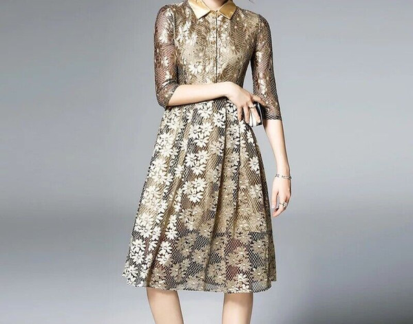 Floral Sequins Hollow Out Lace Dress