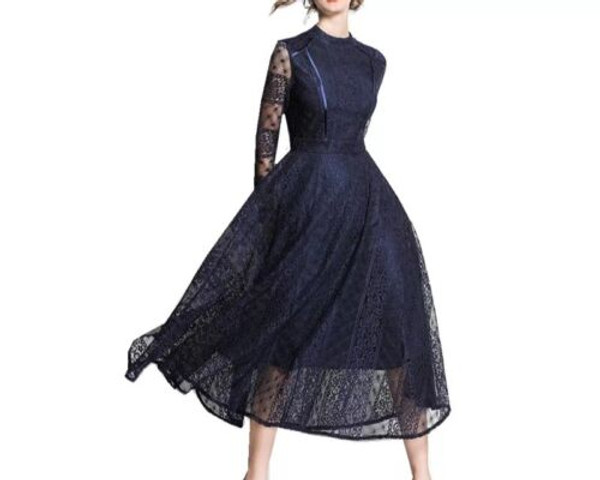 Navy Blue Hollow Out Lace Dress