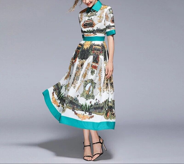 Turn Down Collar Vintage Print Dress