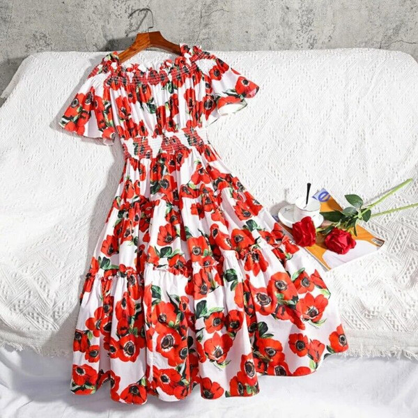 Red Rose Print Off-Shoulder Dress