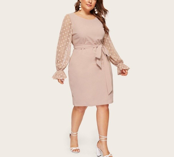 Plus Size Dot Mesh Sleeve Midi Dress