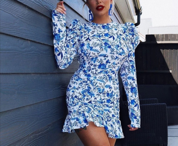 Puff Sleeve Open Back Hollow-Out Floral Print Dress