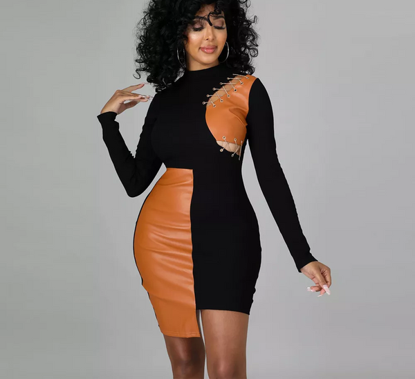 Patchwork Faux Leather Long Sleeve Dress