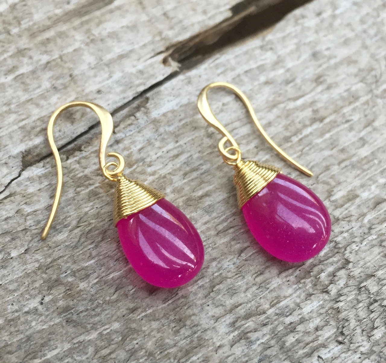 Dainty Elegant Fuchsia Pink Jade Gold Plated Wire Wrapped Dangle Gold  Earrings