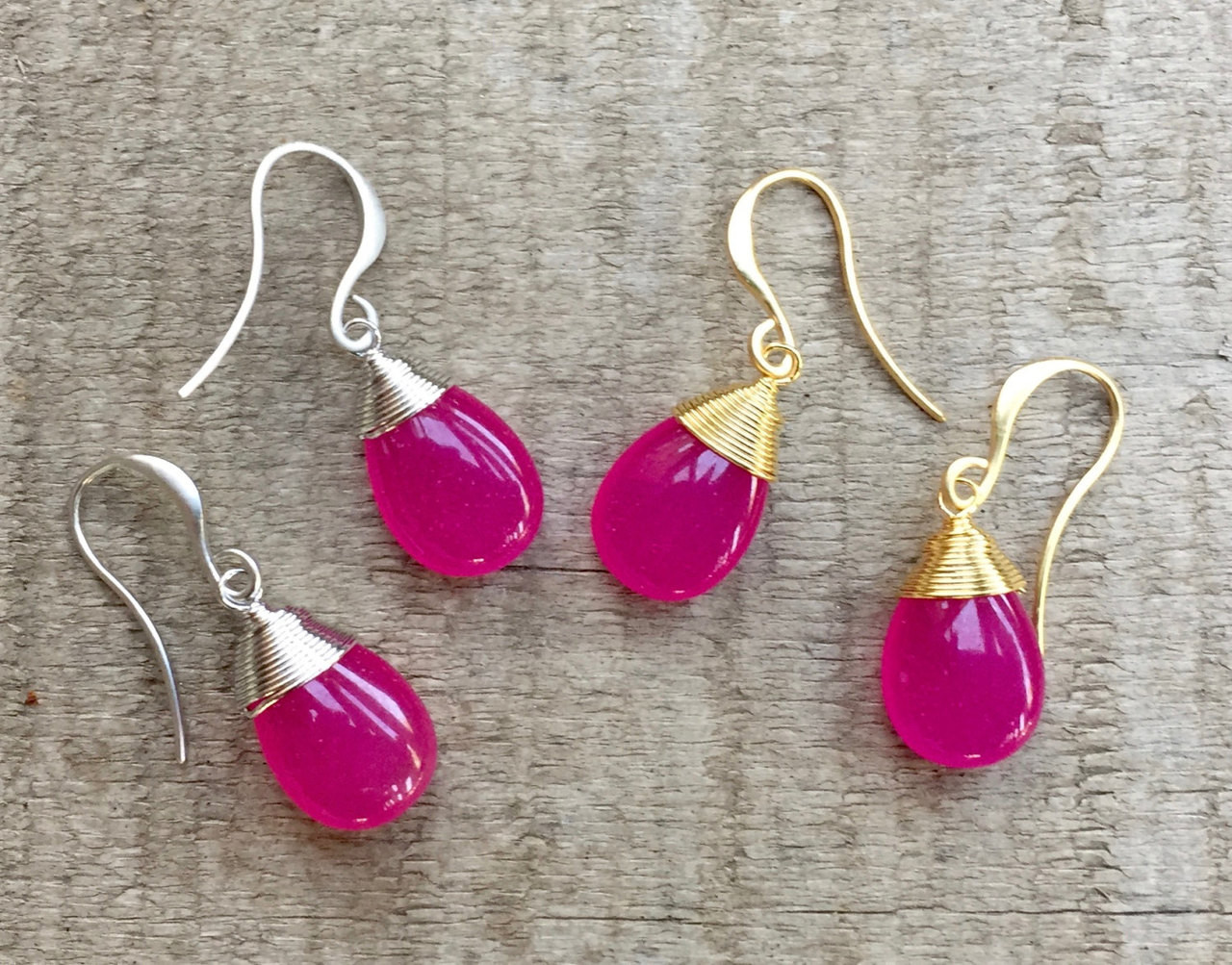 Dainty Elegant Fuchsia Pink Jade Gold Plated Wire Wrapped Dangle Gold  Earrings