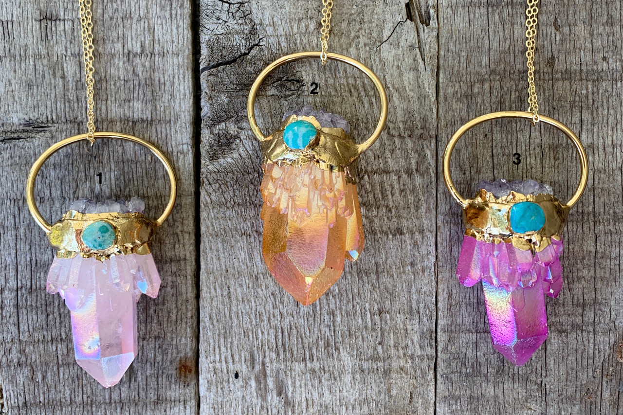 Chunky Amethyst, Turquoise, Colored Quartz 14 Karat Gold