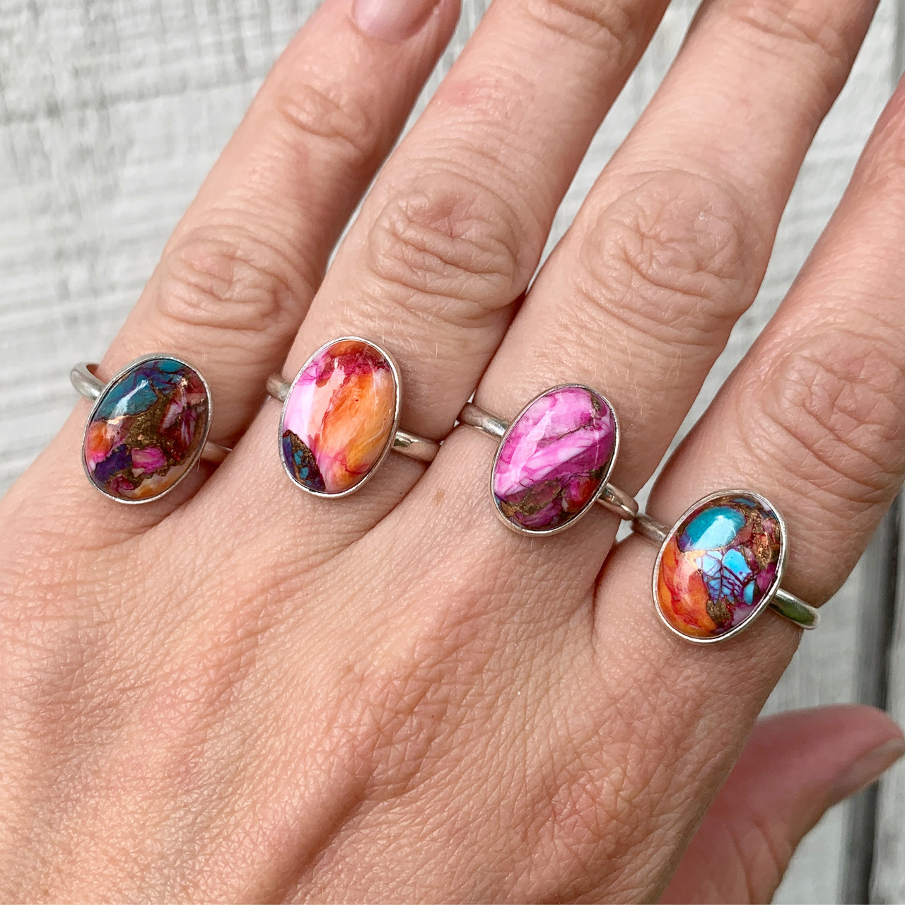 Dainty Oval Purple Dahlia Copper Turquoise Sterling Silver Ring