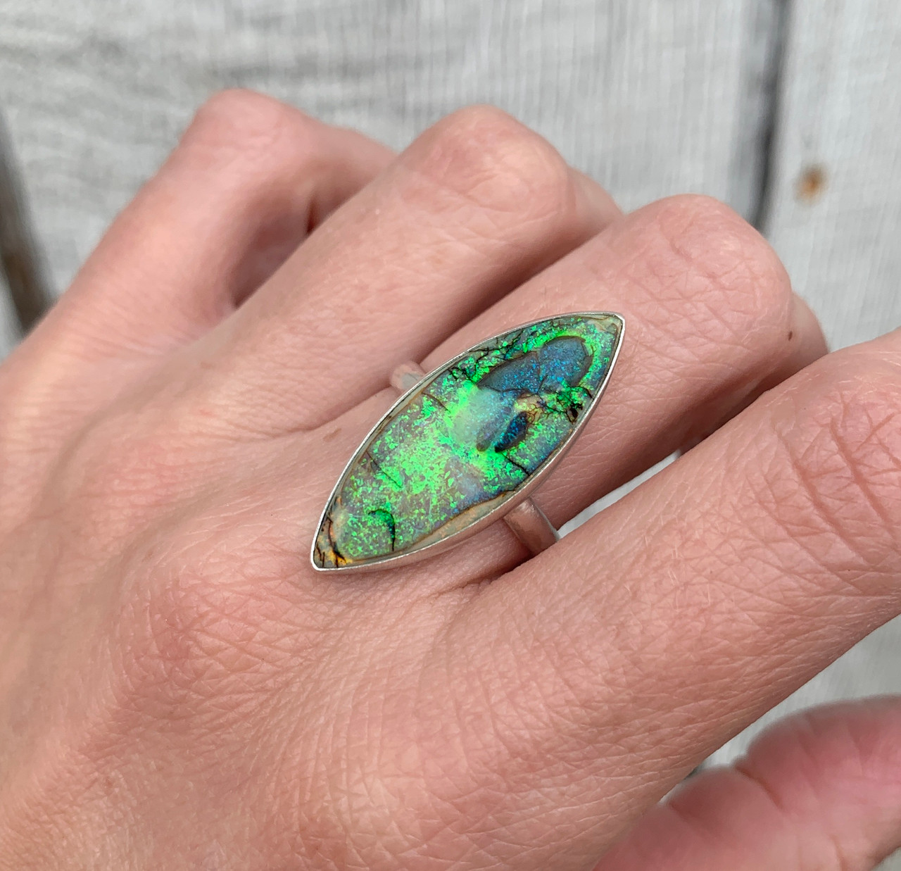 Bright Green Yellow Marquise or Eye Shaped Monarch Sterling Opal Ring